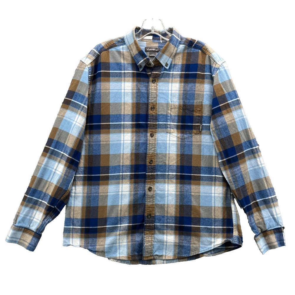 Eddie Bauer Flannel Shirt Men's Large Blue Plaid Outdoors Gorpcore Cabin‎ 90's
